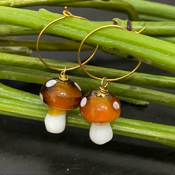 Handmade Mushroom Lampwork Beads Drop Earrings - Picture 3 of 8